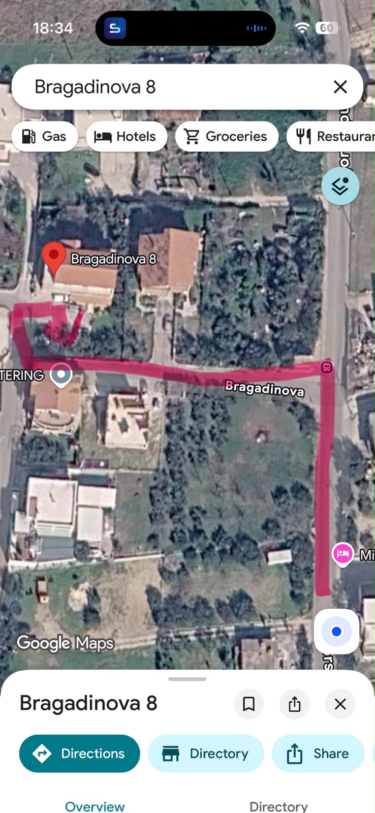Screenshot navigace s trasou k domu Bragadinova 8